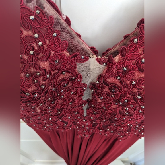 Faviana Lace Appliqued Long Mesh V-Neck Dress - Picture 6 of 11